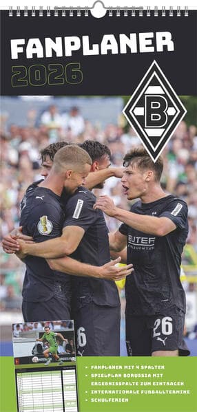 N Neumann - Borussia Mönchengladbach 2026 - Fanplaner 22x45 cm mit 4 Spalten, deutschem Kalendarium & Spiralbindung, Fußball-Familienkalender mit 12 Monatsblättern & Spielerfotografien