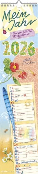 Alpha Edition - Mein Jahr - Der praktische Alltagsplaner 2026 - Streifenplaner 11,3x49,5 cm - Mit Illustrationen von Frank Bayer - Deutsches Kalendarium mit Feiertagen, Mondphasen & Ferienterminen