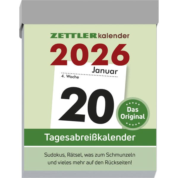 Zettler Tagesabreißkalender M 2026 - Abreißkalender 5 × 7 cm, 1 Tag pro Seite mit Sudoku, Sprüchen, Rätseln & Rezepten auf den Rückseiten, FSC-zertifiziert
