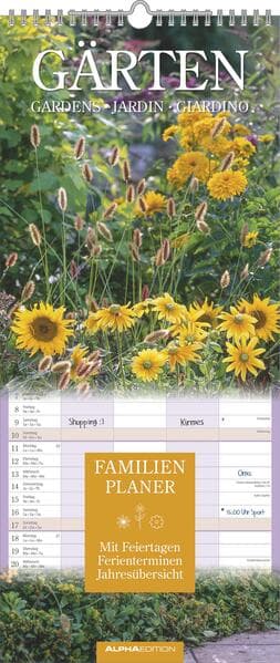 Alpha Edition - Gärten 2026 - Familienkalender 19,5×45 cm mit 5 Spalten & Gartenmotiven, dekorativer Familienplaner & Wandkalender mit Monatsübersicht für Eltern, Kinder & Paare