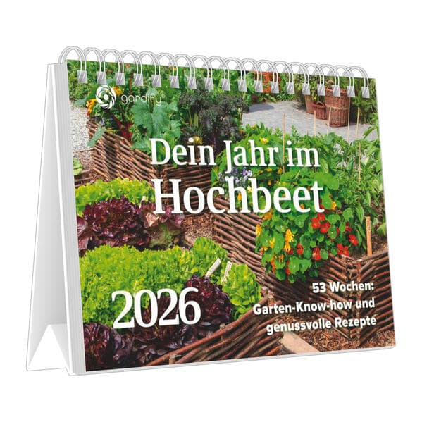 BJVV - Dein Jahr im Hochbeet 2026 - Wochenkalender 23×17 cm mit 53 Tipps, Rezepten & Anbauideen, Tischaufstellkalender mit Spiralbindung