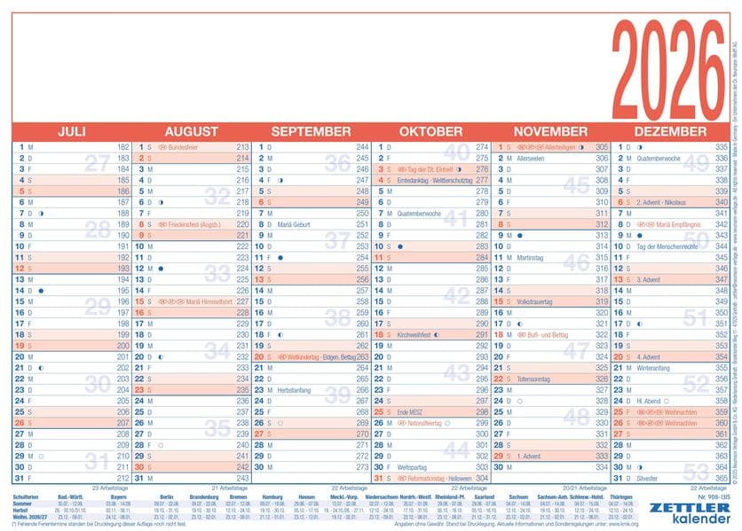 Zettler Arbeitstagekalender kaschiert A4 2026 - Bürokalender groß 29 × 21 cm, 6 Monate pro Seite, Arbeitstage-, Tages- & Wochenzähler, Ferienübersicht, Feiertage, robuster Wandkalender Pappe
