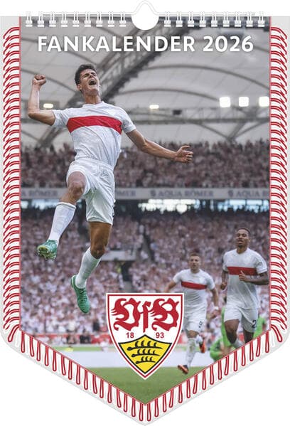 N Neumann - VfB Stuttgart 2026 - Bannerkalender A3 (30x42 cm) mit 12 Monatsblättern, deutschem Kalendarium & Spiralbindung, Fußball-Wandkalender mit Spielerfotografien für Fans