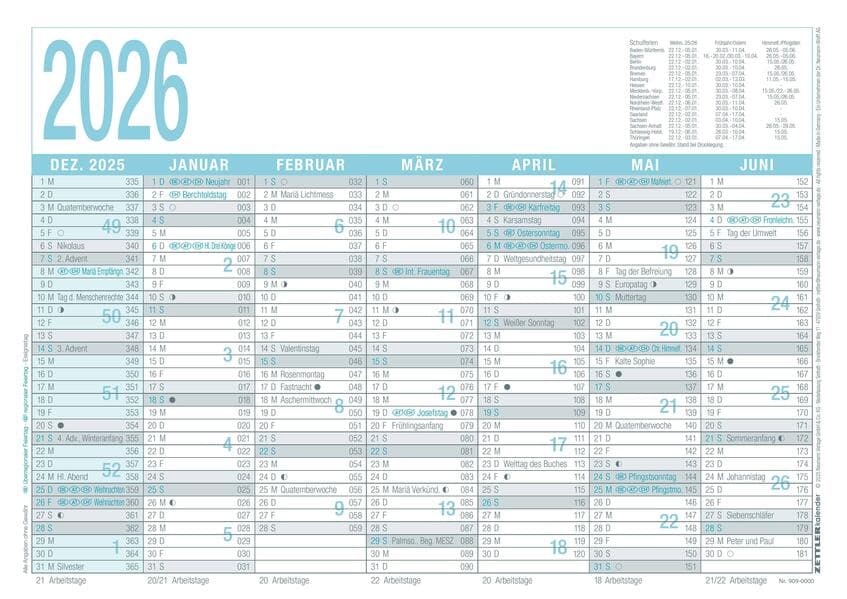Zettler Arbeitstagekalender grau/türkis A4 2026 - Bürokalender 30 × 21 cm, 7 Monate pro Seite inkl. Dez. 2025 & Jan. 2027, Arbeitstage-, Tages- & Wochenzähler, Ferienübersicht, Feiertage, FSC Karton