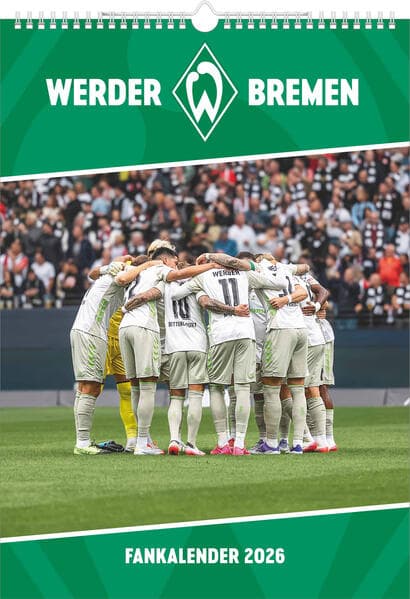 N Neumann - Werder Bremen 2026 - Wandkalender A3 (30x42 cm) mit 12 Monatsblättern, deutschem Kalendarium & Spiralbindung, Fußball-Fankalender mit Spielerfotografien in Grün-Weiß