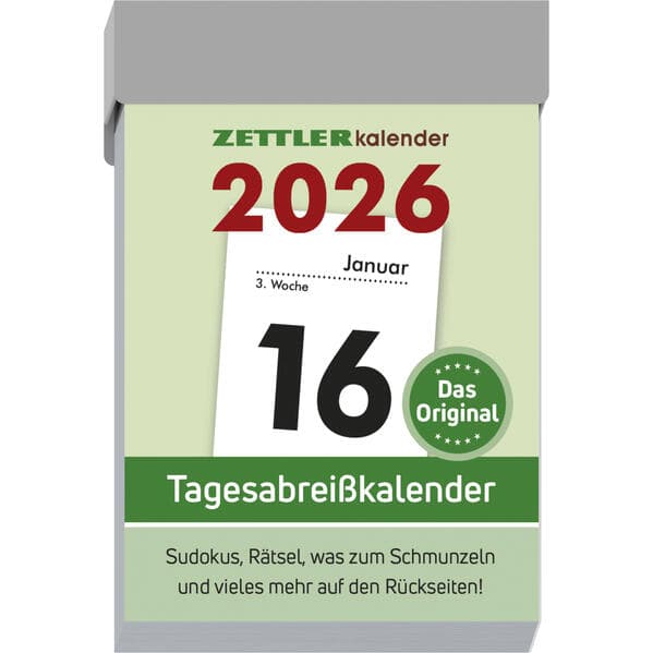 Zettler Tagesabreißkalender S 2026 - Abreißkalender 4 × 6 cm, 1 Tag pro Seite mit Sudoku, Rezepten, Rätseln & Tipps auf den Rückseiten, FSC-zertifiziert