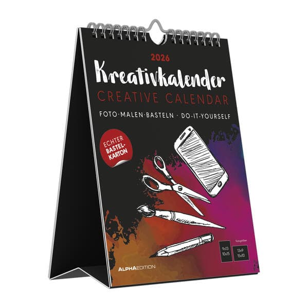 Alpha Edition - Kreativ-Kalender Tischaufsteller Hoch Schwarz 2026 - Bastelkalender 16×20 cm mit weißer Schrift, zum Aufstellen & Aufhängen, ideal für Fotos & kreative DIY-Geschenke