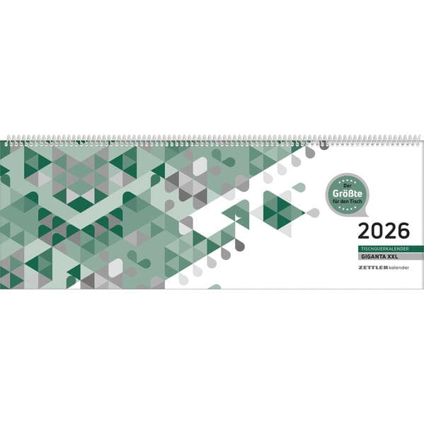 Zettler Tischquerkalender Giganta XXL 1W/2S Grün 2026 - Bürokalender 42x15 cm, Wochenkalender mit 1 Woche auf 2 Seiten, deutschem Kalendarium, Spiralbindung & Stundeneinteilung 7-22 Uhr