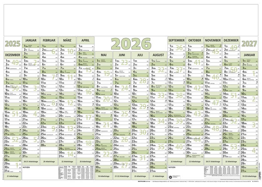 Zettler Plakatkalender 14 Mon Blauer Engel 5 Stk. gerollt 2026 - Wandkalender groß 88 × 63 cm, 14 Monate auf 1 Seite inkl. Dez. 2025 & Jan. 2027, Recyclingpapier, nachhaltig, Ferien, Arbeitstage