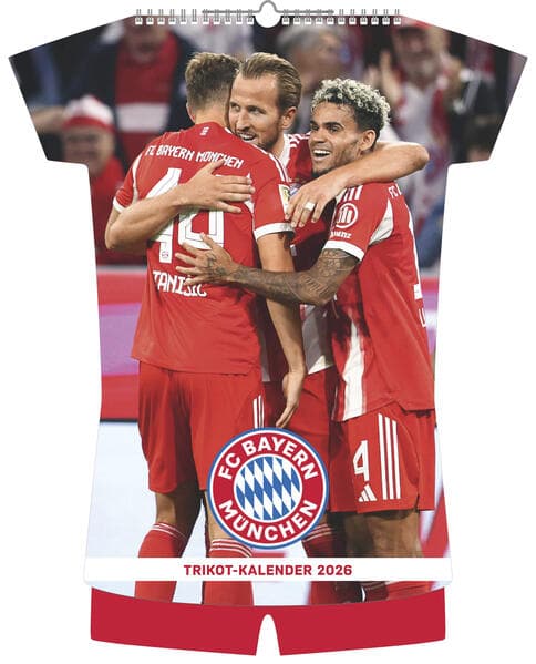 N Neumann - FC Bayern München 2026 - Trikotkalender 34x42 cm mit 12 Monatsblättern, 2-sprachigem Kalendarium & Spiralbindung, origineller Fußball-Wandkalender in Trikotform für Fans