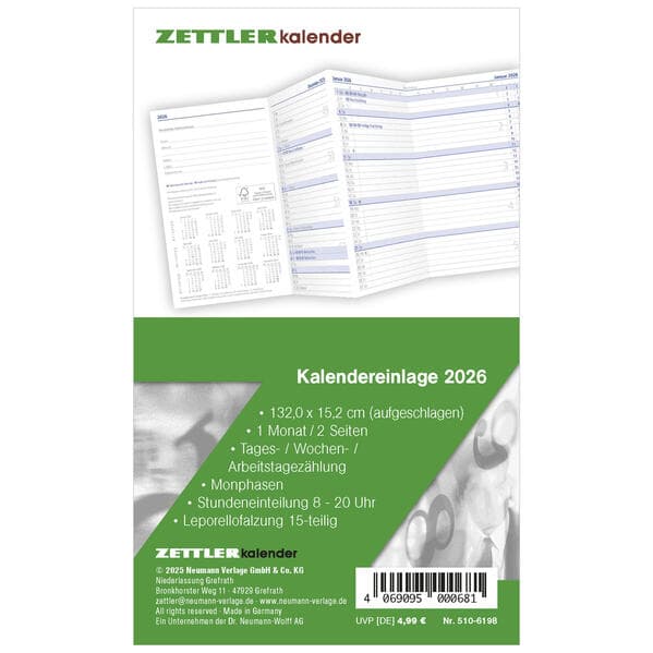 Zettler Kalenderersatzeinlage TP 1M/2S Leporello 2026 - Ersatzkalendarium 9 × 15 cm für Taschenplaner Typ 510, 1 Monat auf 2 Seiten, 15-teilige Leporellofalzung, Feiertage, Arbeitstage, FSC