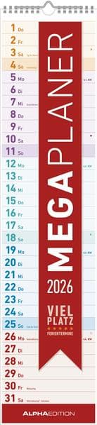 Alpha Edition - Megaplaner 2026 - Streifenkalender 14,5×64 cm mit viel Platz für Notizen & Ferienterminen, übersichtlicher Wandplaner & Küchenkalender für Haushalt, Büro & Organisation