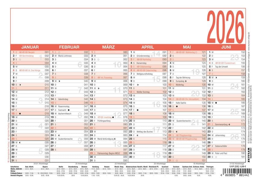 Zettler Arbeitstagekalender A5 2026 - Bürokalender 21 × 15 cm, 6 Monate pro Seite, Arbeitstage-, Tages- & Wochenzähler, Ferienübersicht, Feiertage, Mondphasen, kompakter Wandkalender, FSC Karton