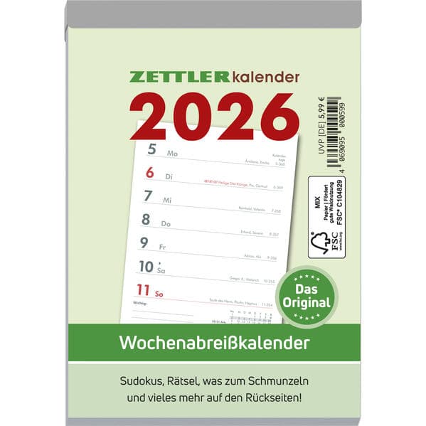 Zettler Wochenabreißkalender 2026 Typ 325 - Abreißkalender 11 × 15 cm, 1 Woche pro Seite mit Sudoku, Rezepten, Rätseln & Tipps auf den Rückseiten, FSC-zertifiziert