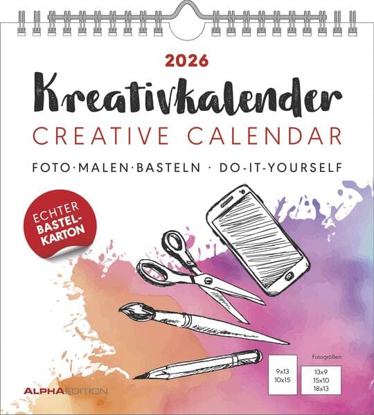 Alpha Edition - Kreativ-Kalender M Weiß 2026 - Bastelkalender 21×22 cm mit Platz für Fotos & kreative Gestaltung, weißer Hintergrund, ideal zum Malen, Basteln & als persönliches Geschenk