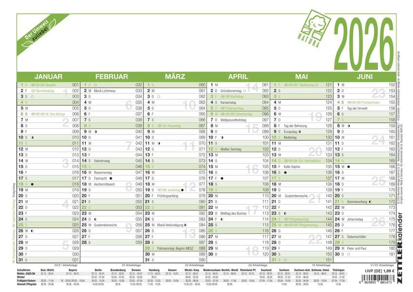 Zettler Arbeitstagekalender A4 Blauer Engel 2026 - Bürokalender groß 30 × 21 cm, 6 Monate pro Seite, Arbeitstage-, Tages- & Wochenzähler, Ferienübersicht, Feiertage, Recyclingkarton, nachhaltig