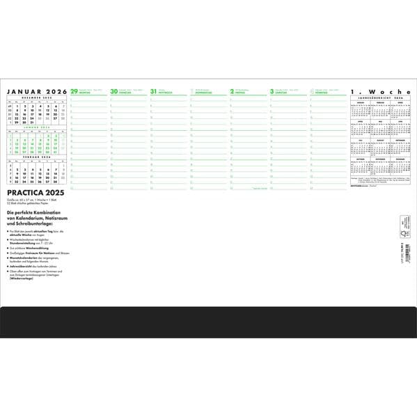 Zettler Schreibunterlage Practica 2026 - Schreibtischunterlage 60 × 37 cm, 1 Woche auf 1 Blatt, mit Schutzleiste 4,5 cm, Dreimonats- und Jahresübersicht, Kartonunterlage, FSC-zertifiziert