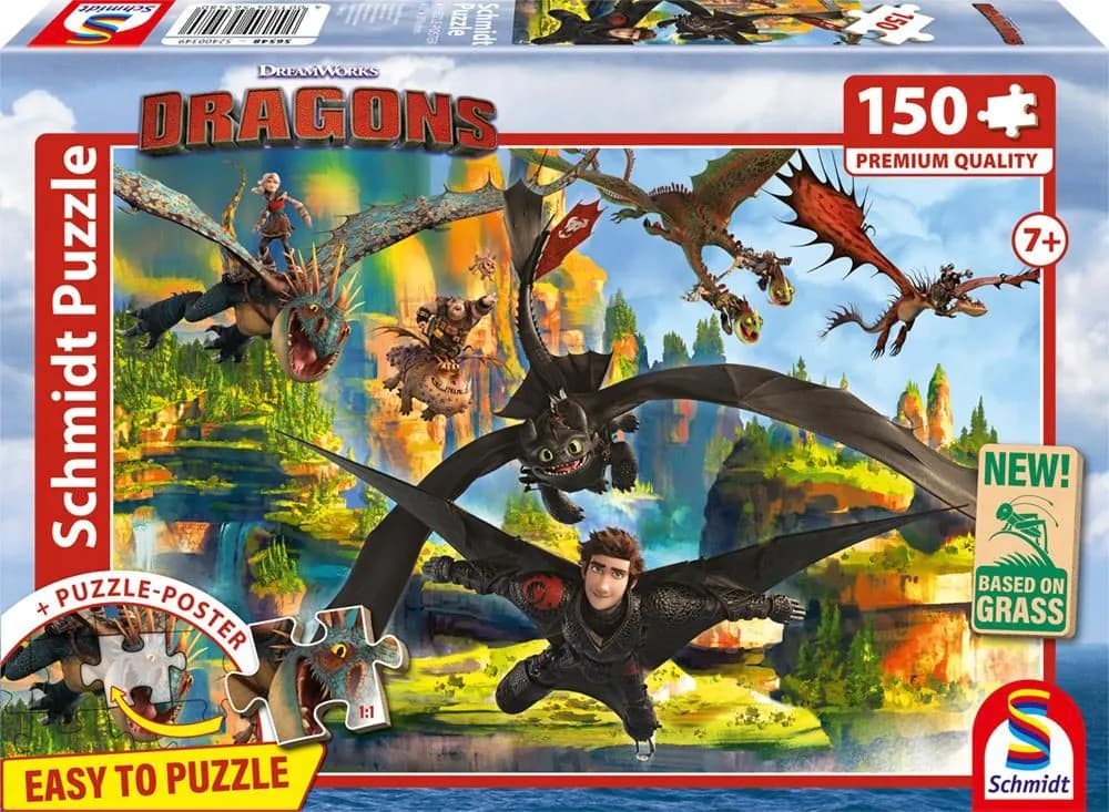 Schmidt 56548 - DRAGONS, Fliegende Drachen, Puzzle mit Poster, 150 Teile aus NATPAX® Graspappe