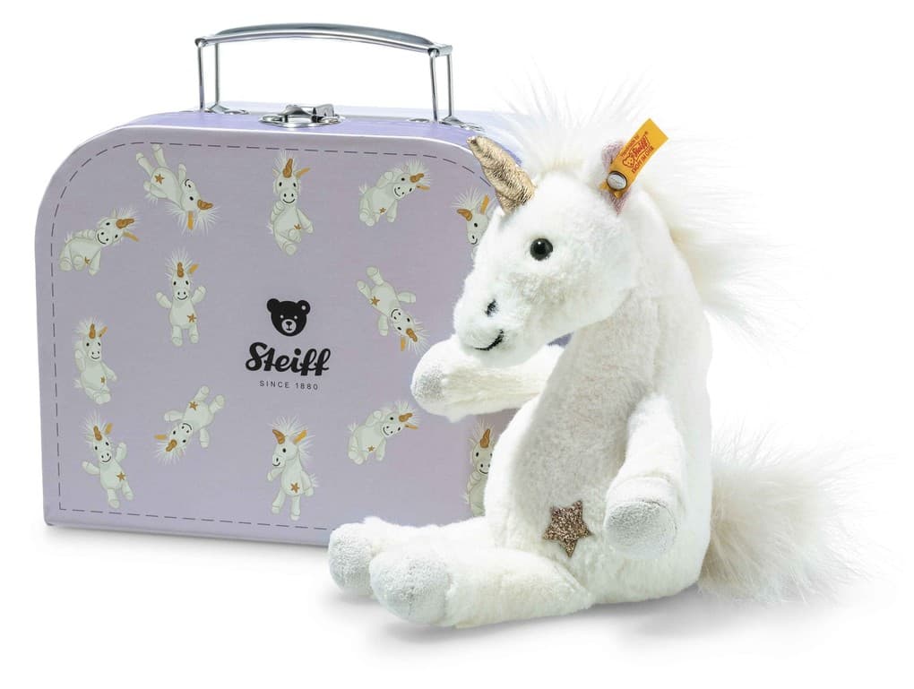 Steiff 708015 - Unica Schlenker-Einhorn im Koffer, 20 cm