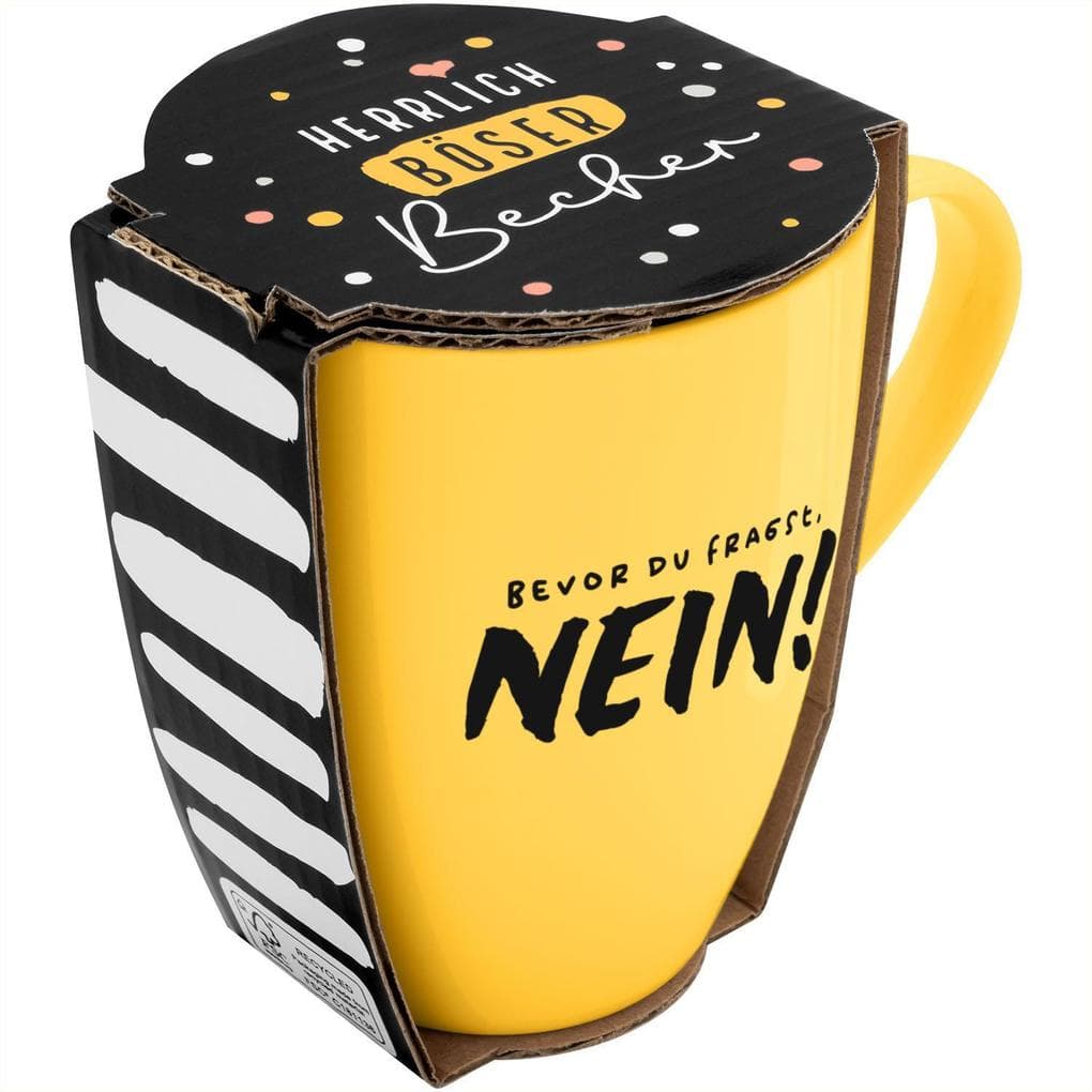 Tasse mit Motivdruck "Bevor du fragst. NEIN!", mit Banderole