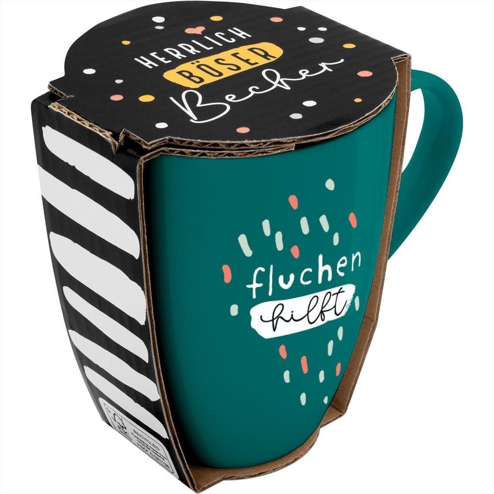 Tasse mit Motivdruck "fluchen hilft", mit Banderole