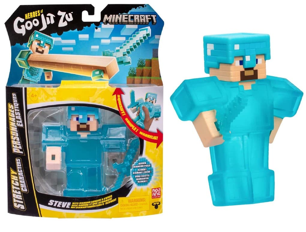 Moose Toys 300298 - Heroes Of Goo Jit Zu, Minecraft Hero Pack, Steve, superdehnbar, Diamant-Rüstung & Schwert