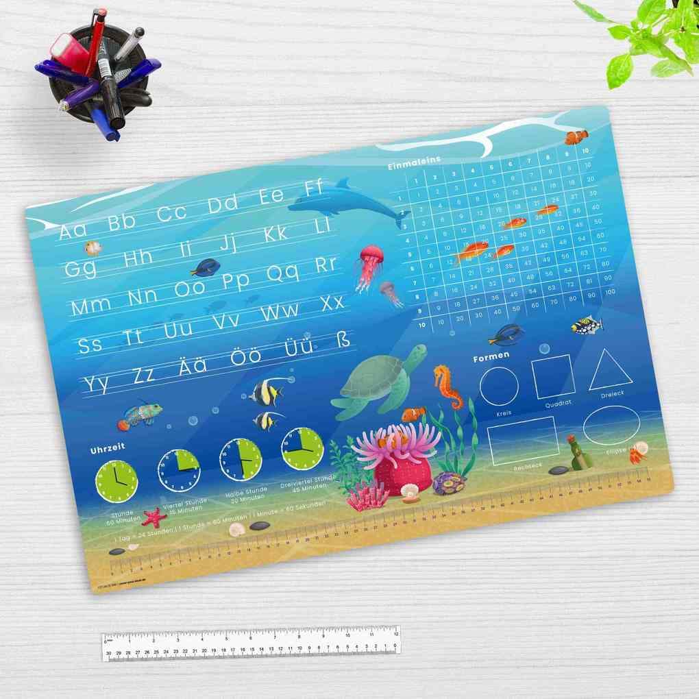 Cover-your-desk Schreibtischunterlage für Kinder Lernunterlage Einschulung, Unterwasserwelt Optik, aus hochwertigem Vinyl, 60 x 40 cm