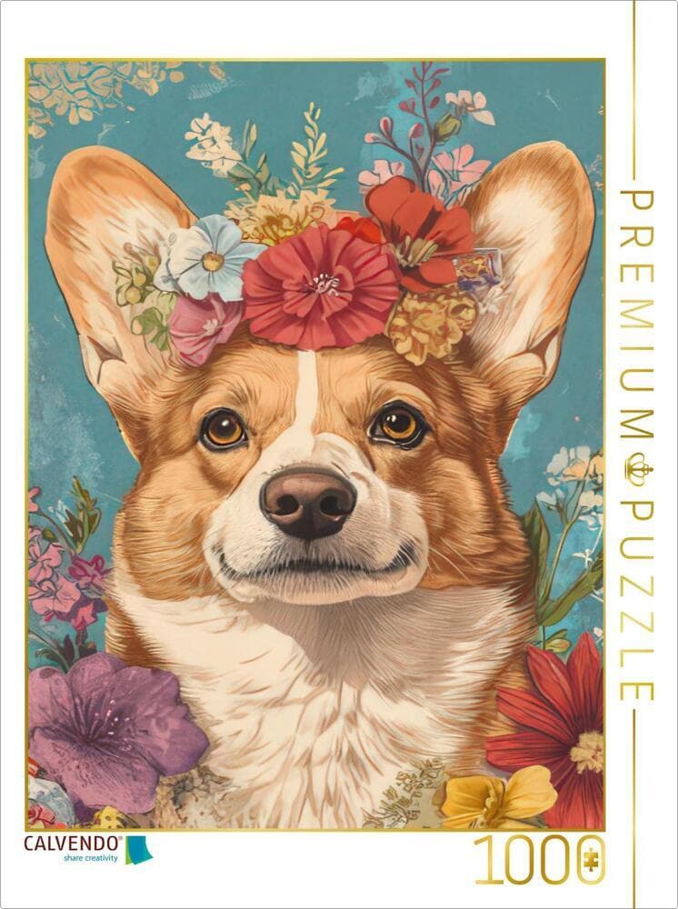 CALVENDO Puzzle Blütenzauber mit Corgi-Charme | 1000 Teile Lege-Größe 64x48cm Foto-Puzzle für glückliche Stunden