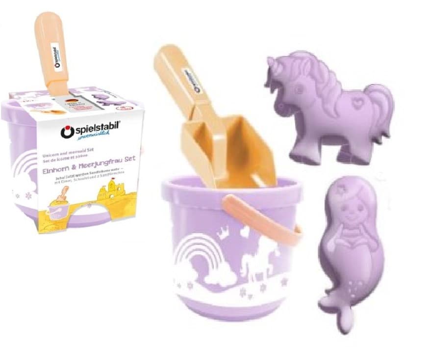 Spielstabil 5081 - Einhorn & Meerjungfrau-Set 4-teilig, Sand-Set mit Eimer/Schaufel/Sandförmchen, Sandspielzeug