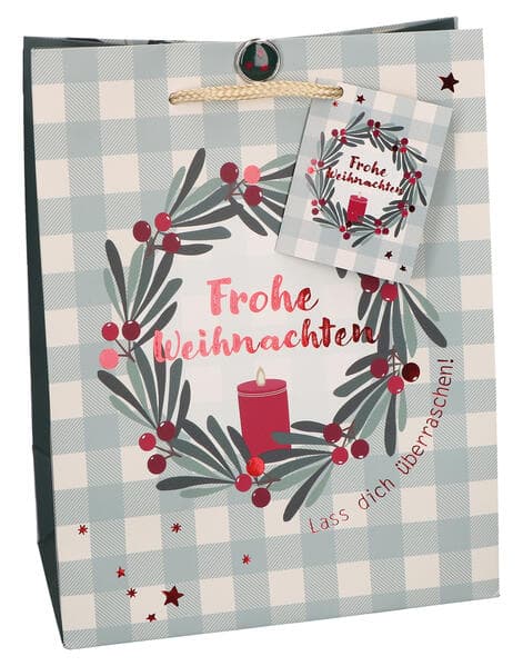 Butzon & Bercker Überraschungspaket Geschenktüte Frohe Weihnachten 23 x 18 x 10 cm - farbig bedruckt mit Folienprägung, Tragekordel und Stern-Brad Verschluss, liebevoll zusammengestellt