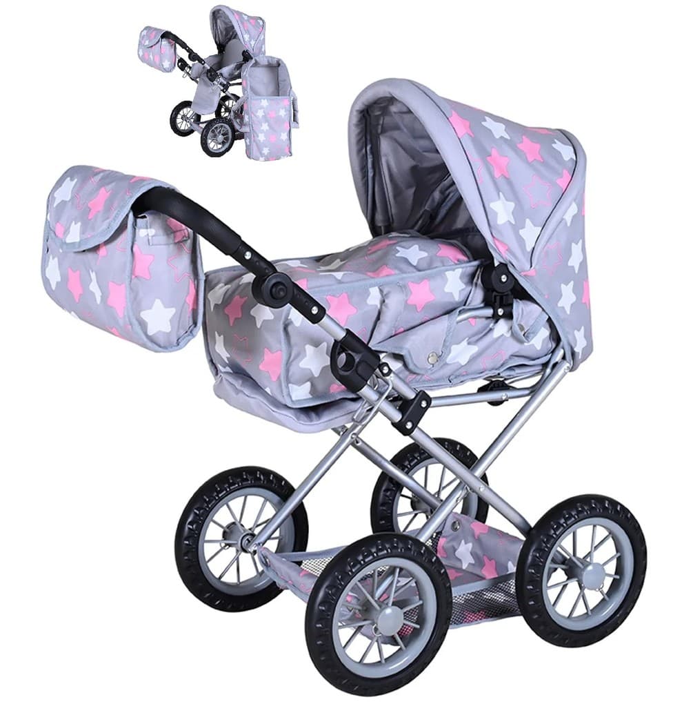 Knorrtoys 63144 - Kombi-Puppenwagen Ruby Star Grey Pink, mit Zubehör, umbaubar, Schieberhöhe: 34-62cm