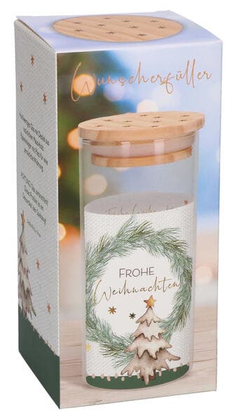 Butzon & Bercker Geldgeschenk Wunscherfüller zu Weihnachten 14 cm - Glasbehälter mit Massivholzdeckel, veredeltem Einleger für persönliche Widmung, Lieferung in Geschenkverpackung