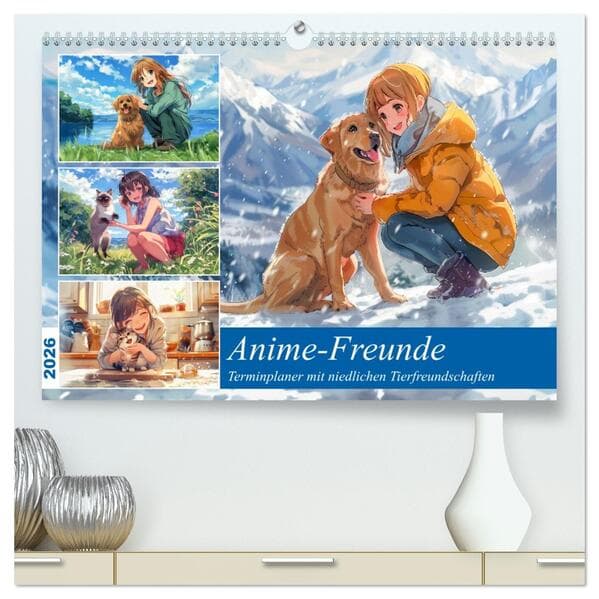Anime-Freunde - Terminplaner mit niedlichen Tierfreundschaften (hochwertiger Premium Wandkalender 2026 DIN A2 quer), Kunstdruck in Hochglanz