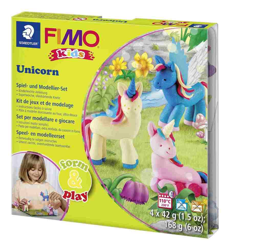 STAEDTLER FIMO kids 8034, ofenhärtende Modelliermasse, Set "Unicorn" mit 4 Blöcken 42 g, Modellierstab