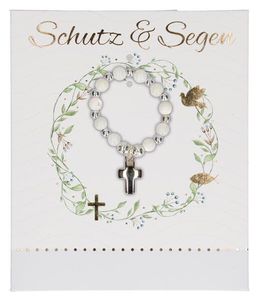 Butzon & Bercker Tauf-Armband - Stretch-Armband mit weißen Glasperlen, Rosenperlen aus Metall und Kreuz-Anhänger, Lieferung in Geschenkverpackung