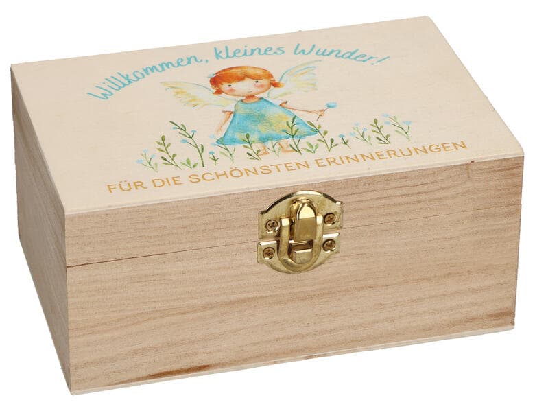 Butzon & Bercker Erinnerungskiste Willkommen kleines Wunder - naturbelassene Holzbox 23 x 16 x 11 cm zur Aufbewahrung von Baby-Erinnerungen, liebevolles Geschenk zur Geburt