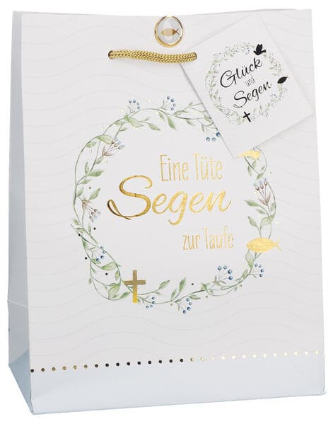 Butzon & Bercker Überraschungspaket Eine Tüte Segen zur Taufe 23 x 18 x 10 cm - farbig bedruckte Geschenktüte mit Folienprägung, Tragekordel und Herz-Brad Verschluss, liebevolles Taufgeschenk
