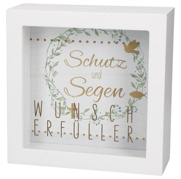 Butzon & Bercker Bilderrahmen-Spardose Wunscherfüller 14 x 14 x 5,5 cm - Holz 2-in-1 Geschenkbox zum Aufstellen, individualisierbares Hintergrundbild, Golddruck auf Glasscheibe, originelle Verpackung