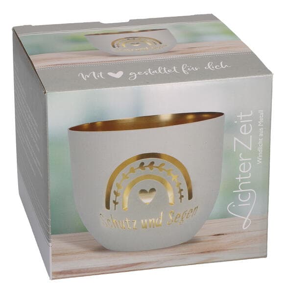 Butzon & Bercker Metallwindlicht Ø 9,2 cm - Windlicht salbeigrün-matt lackiert mit durchbrochenem Motiv, innen goldveredelt, in Geschenkverpackung