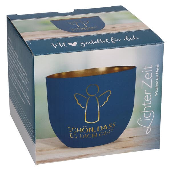 Butzon & Bercker Metallwindlicht Ø 11 cm - blau-mattes Windlicht aus Metall mit durchbrochenem Motiv, goldveredelt innen, Lieferung in Geschenkverpackung