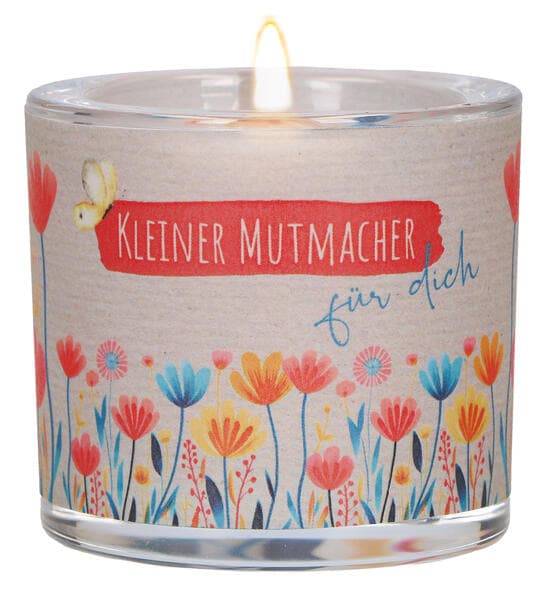 Butzon & Bercker Glaswindlicht mit Blumenmotiv Ø 6,5 cm - farbig bedrucktes Windlicht, Lieferung mit Teelicht, liebevolles Geschenk für Mut und Zuversicht, Geschenkverpackung