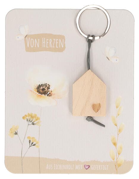 Butzon & Bercker Holz-Schlüsselanhänger Von Herzen 10,5 x 3 cm - aus unbehandeltem Eichenholz mit Herz-Lasergravur, graues Lederband, Lieferung auf Backcard mit inspirierendem Spruch