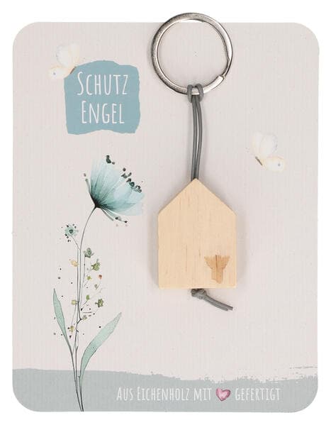 Butzon & Bercker Holz-Schlüsselanhänger Schutzengel 10,5 x 3 cm - aus unbehandeltem Eichenholz mit Engel-Lasergravur, graues Lederband, Lieferung auf Backcard mit tröstlichem Spruch