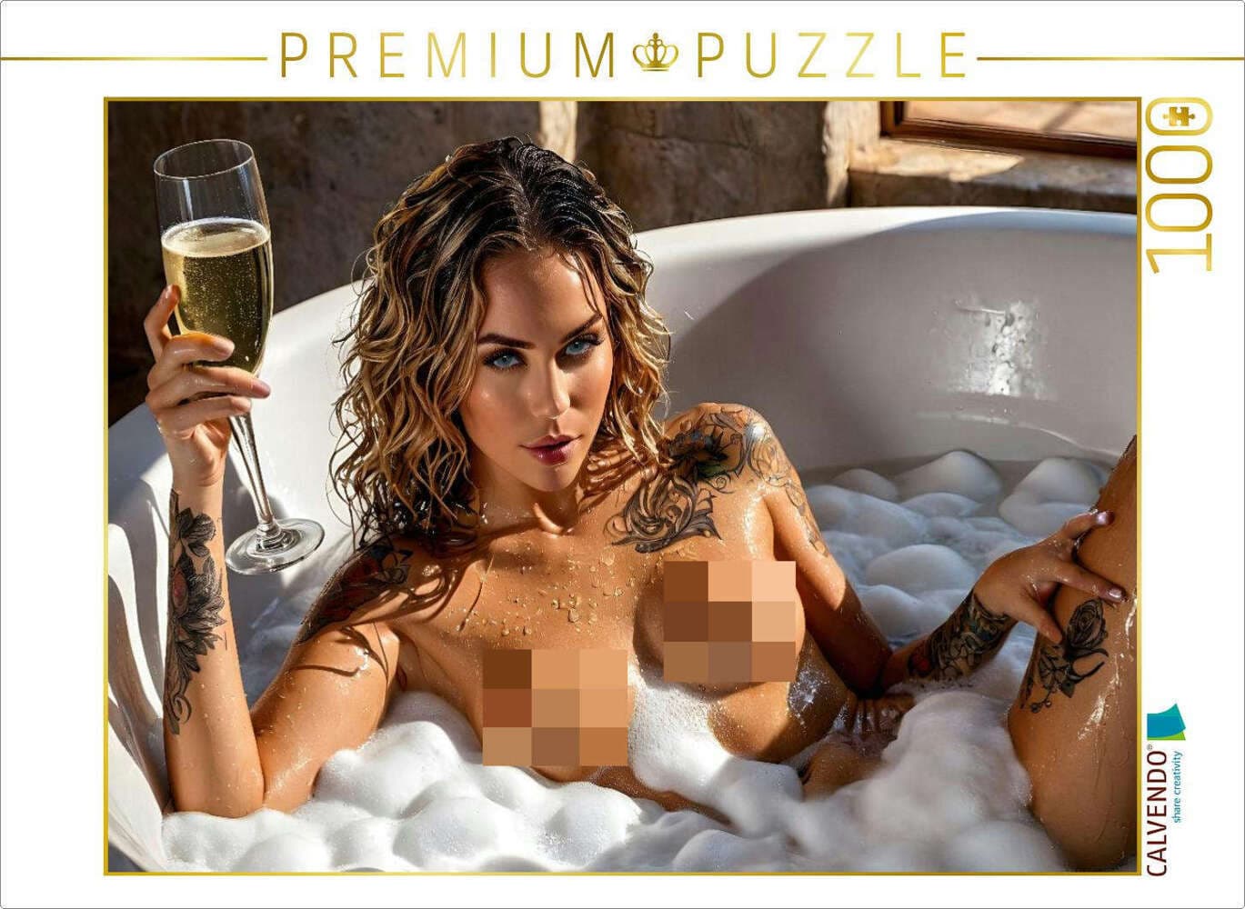 CALVENDO Puzzle Aufreizende nackte Frau mit Tattoos im Schaumbad | 1000 Teile Lege-Größe 64x48cm Foto-Puzzle für glückliche Stunden