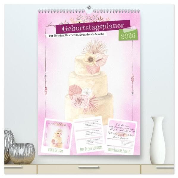 Geburtstagsplaner Boho Rosa - Für Termine, Geschenke, Eventdetails & mehr (hochwertiger Premium Wandkalender 2026 DIN A2 hoch), Kunstdruck in Hochglanz