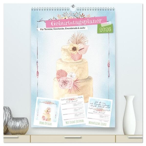Geburtstagsplaner Boho Blau - Für Termine, Geschenke, Eventdetails & mehr (hochwertiger Premium Wandkalender 2026 DIN A2 hoch), Kunstdruck in Hochglanz