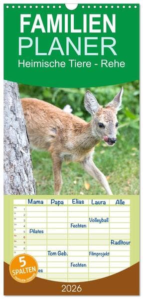 Familienplaner 2026 - Heimische Tiere - Rehe mit 5 Spalten (Wandkalender, 21 x 45 cm) CALVENDO