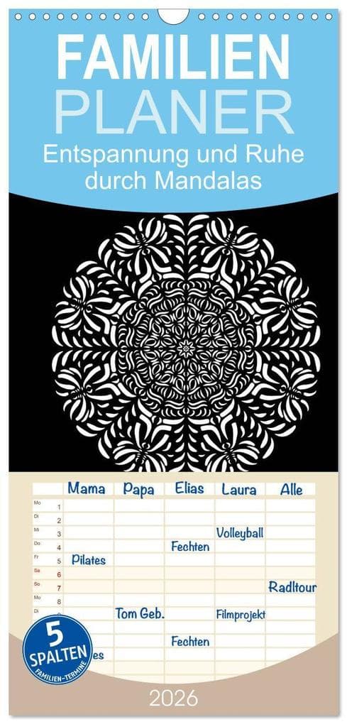 Familienplaner 2026 - Entspannung und Ruhe durch Mandalas mit 5 Spalten (Wandkalender, 21 x 45 cm) CALVENDO