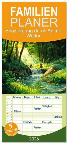 Familienplaner 2026 - Spaziergang durch Anime Welten mit 5 Spalten (Wandkalender, 21 x 45 cm) CALVENDO