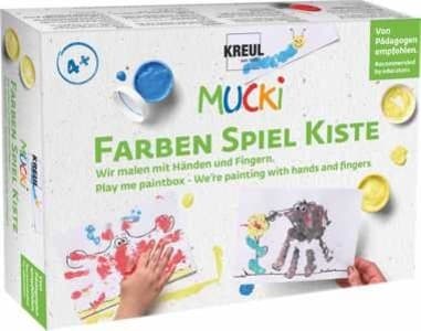 KREUL MUCKI Farben Spiel Kiste, 5 x 50 ml Fingermalfarbe, Wir malen mit Händen & Fingern